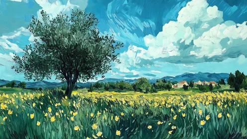 Sunlit wildflower meadow with solitary tree under sweeping sky.