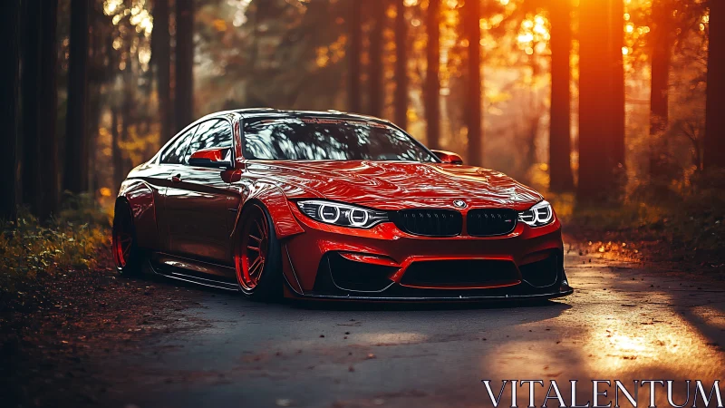 Red BMW sports coupe on forest road at warm sunset light.