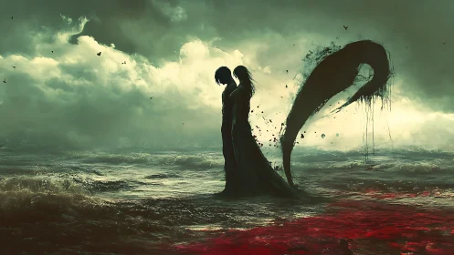 Two spectral lovers on a bleeding ocean shore at dusk.