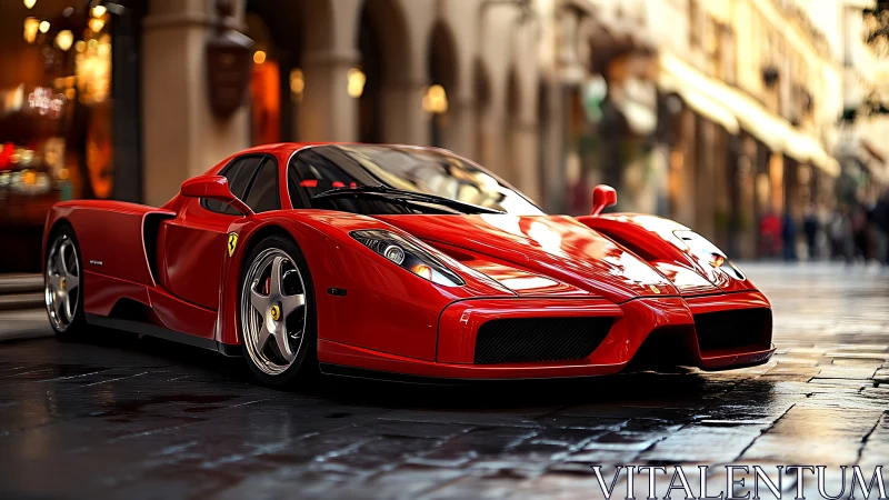 Sleek red supercar glowing on a sunlit city street.