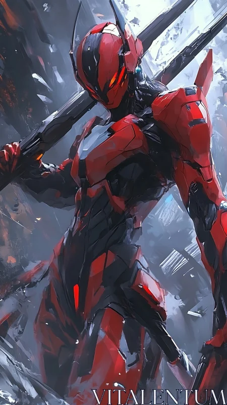 Scarlet mech sentinel leans forward, ready to cleave worlds