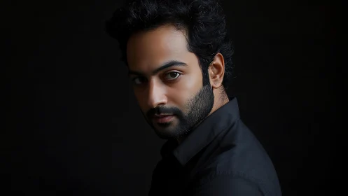 Serious bearded man in black shirt against dark studio backdrop.