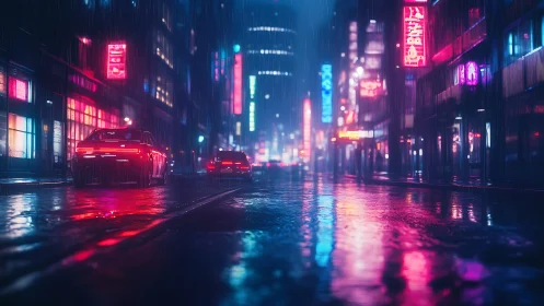 Neon rainstorms chase red taillights through midnight streets