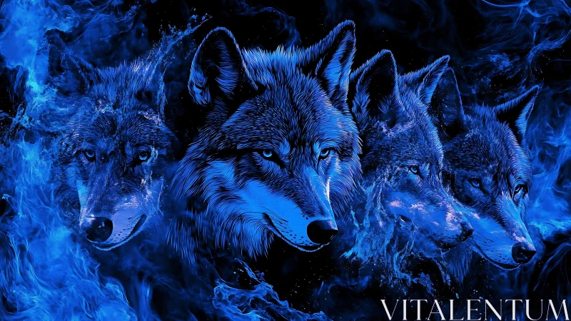 Quadruple wolf portrait in electric cobalt flame textures