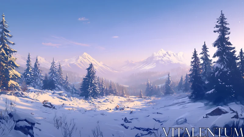 Sunlit conifer forest opening onto distant snowy peaks.