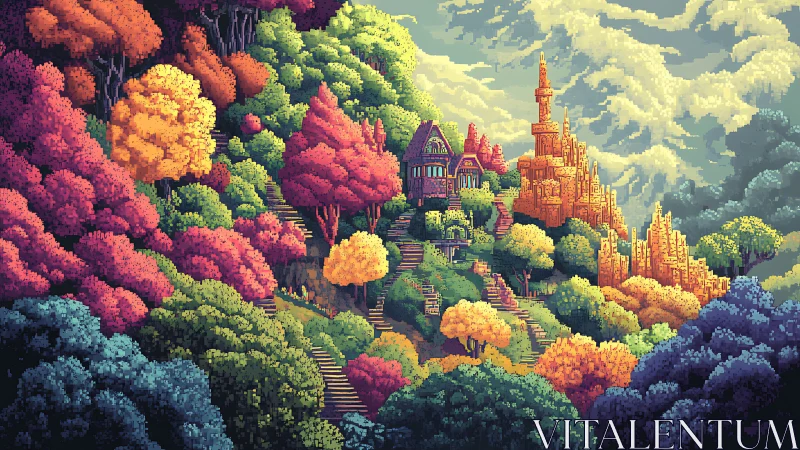 Pixel art fantasy kingdom with gilded spires nestled among vibrant autumn foliage.