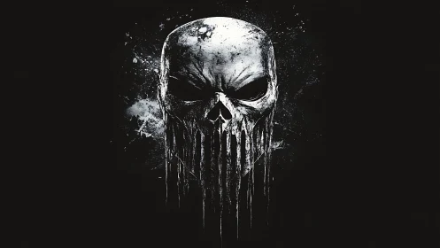 Grim dripping skull emblem on dark splattered background.