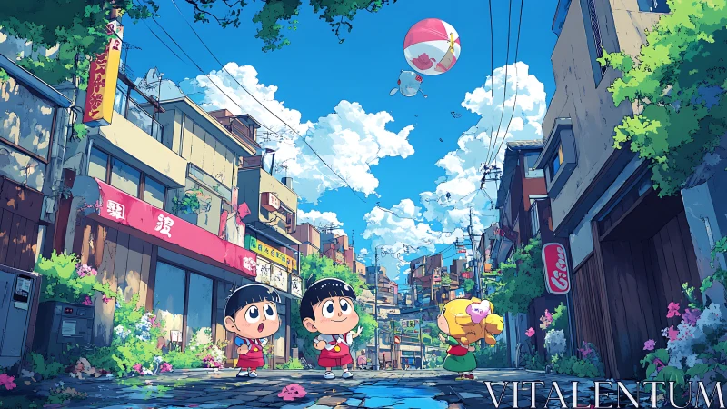 Sunlit alley adventure with wide-eyed kids and drifting balloon.