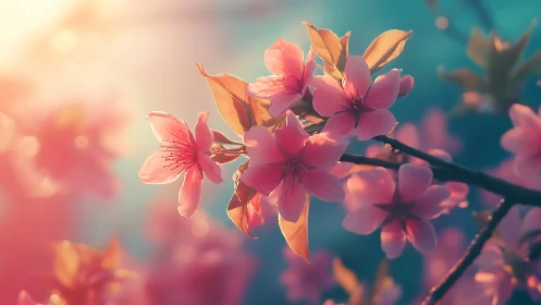 Pink Blossoms Backlit by Golden Sunlight Against Teal Sky.