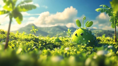 Green character sits in lush field under bright sky