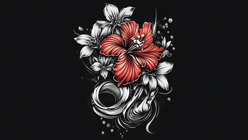Red hibiscus floral cluster with monochrome ornamental scrolls
