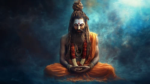 Mystic yogi adrift in swirling cosmic meditation clouds.