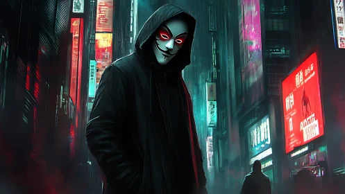 Cyberpunk masked hacker in neon-soaked megacity alleyway.