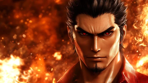 Fierce red eyed warrior stands strong in swirling blazing fire