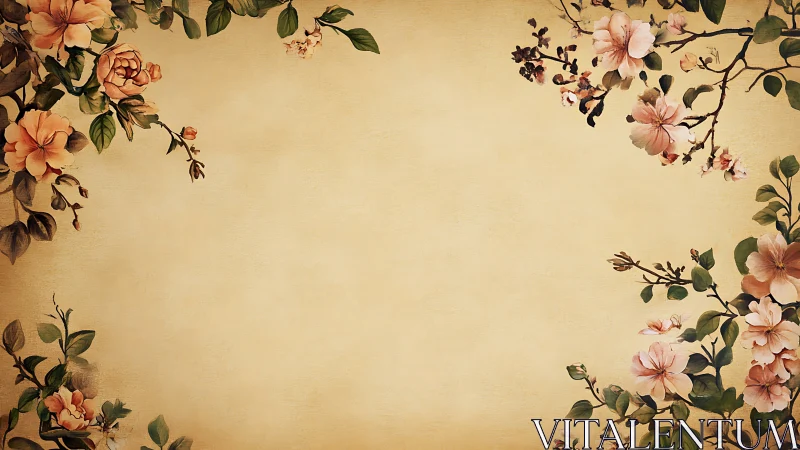 Vintage floral border on beige background for text space.