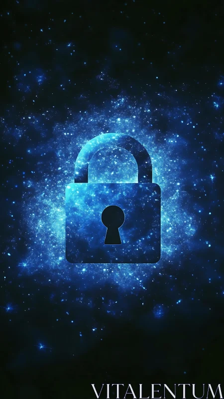 Cosmic data lock silhouette amid luminescent nebular particles.