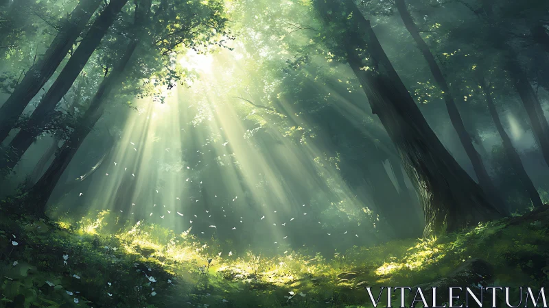 Cathedral Forest: Crepuscular Rays Through Tall Trees Illuminated by Dappled Sunlight