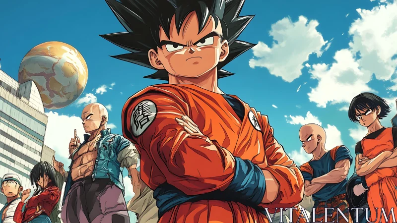 Group of anime warriors in urban setting under large planet.