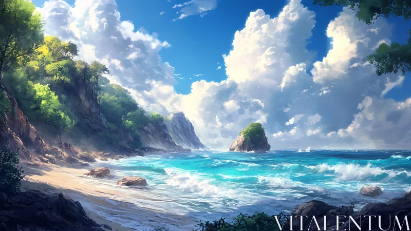 Tropical Coastline with Verdant Cliffs and Turquoise Waters.