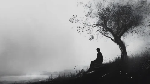 Solitary figure contemplates a misty lakeside horizon