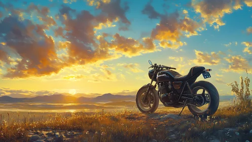 Solitary motorcycle rests under a blazing golden sunset sky