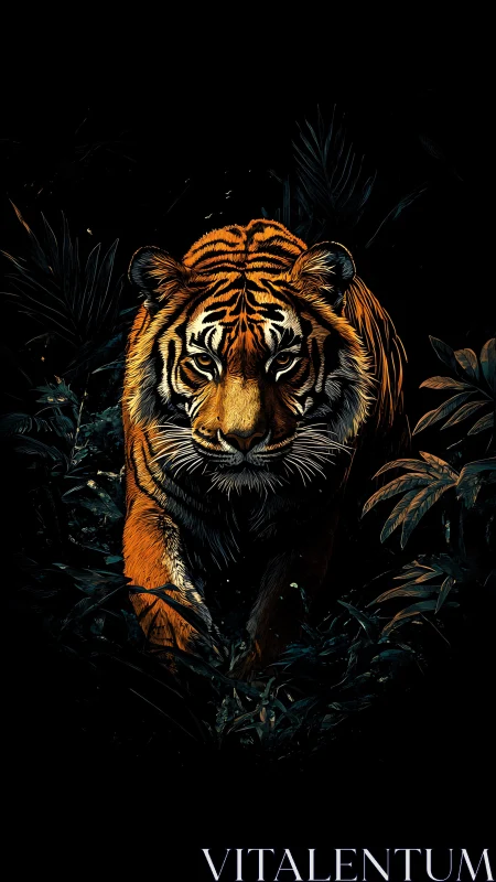 Tiger emerging from dense foliage in low light environment.