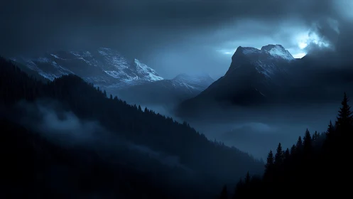 Moonlit alpine peaks cut through deep blue mountain fog.