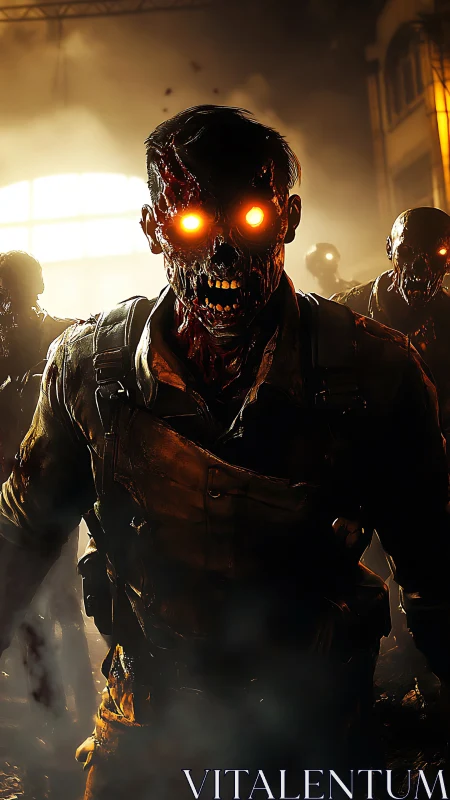 Luminescent-eyed zombie advances through backlit industrial smoke