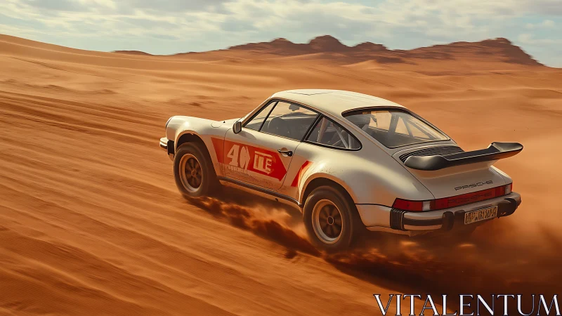 Rally-modified classic coupe traversing desert sand dunes.