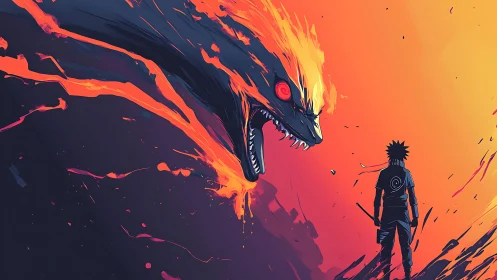 Backlit warrior confronts molten serpent formed from abstract flames