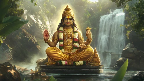 Golden forest deity at a tranquil waterfall sanctuary.