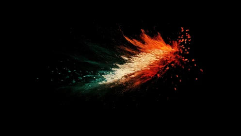 Abstract tricolor powder burst on deep black background.