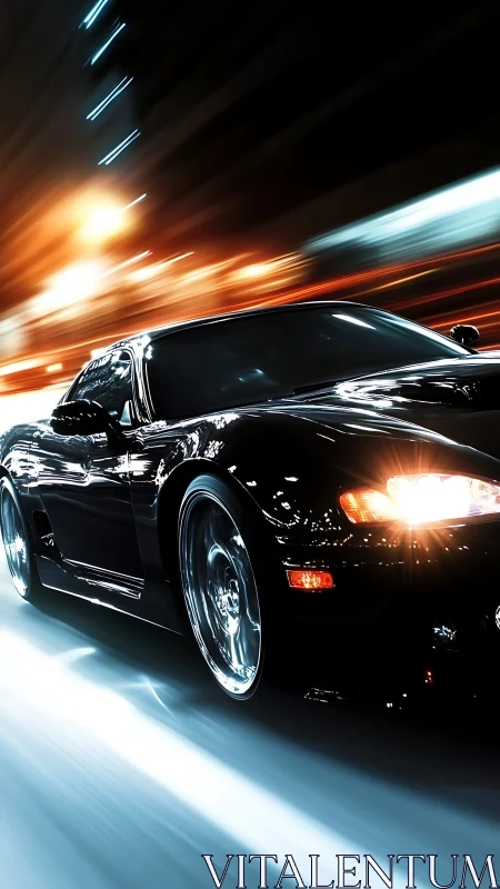 Midnight sports car races through neon-lit city streets.