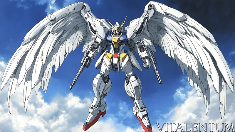 Winged mecha exoskeleton performing aerial combat deployment.