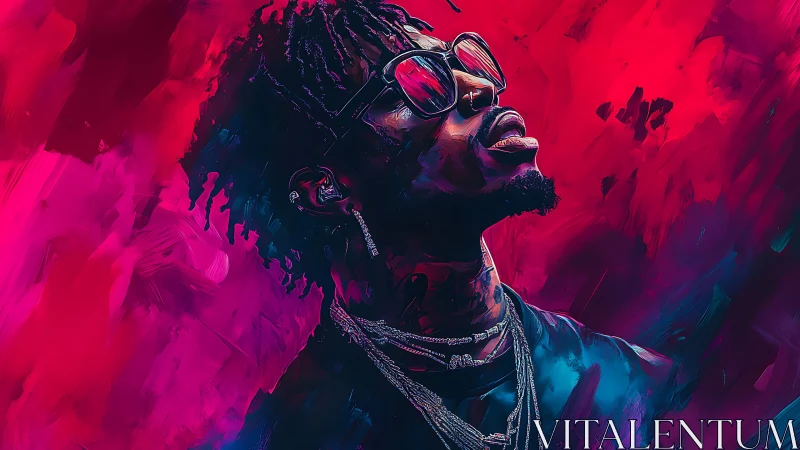 Digital portrait of man in sunglasses on neon abstract field.