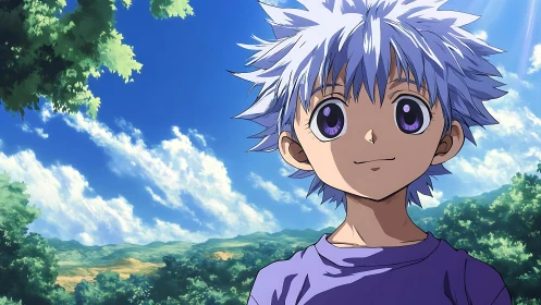 Anime boy under bright summer sky with forest backdrop.