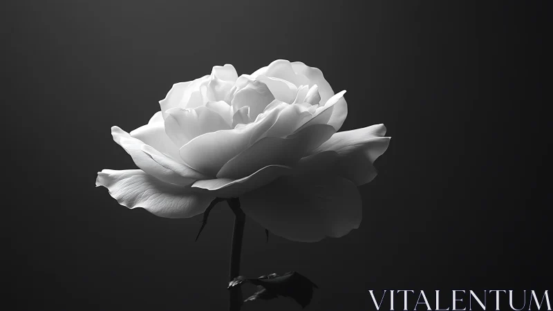 Monochrome close-up of single white rose on dark background.