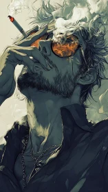 Stylized male smoker in profile with reflective sunglasses