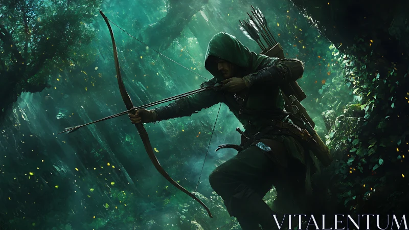 Hooded forest archer draws his bow in glowing green mist