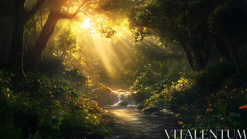 Sunlit forest stream with glowing waterfall clearing.