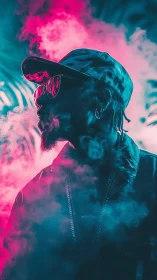 Neon vapor portrait with cinematic bicolor rim lighting.