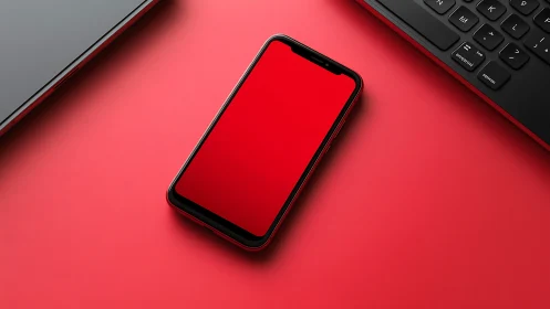 Smartphone on red surface with laptop and keyboard.