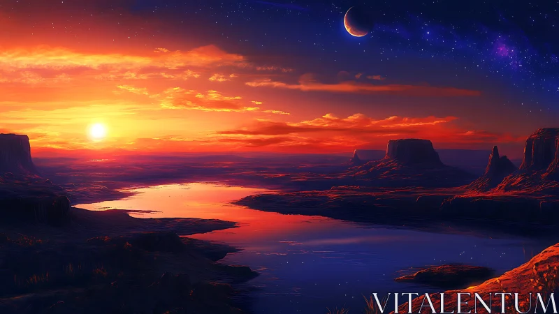 Twin-sky desert sunset over mirrored river basin panorama.