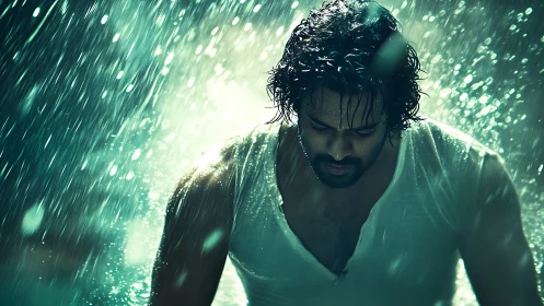 Backlit rain portrait captures drenched subject with dynamic water motion