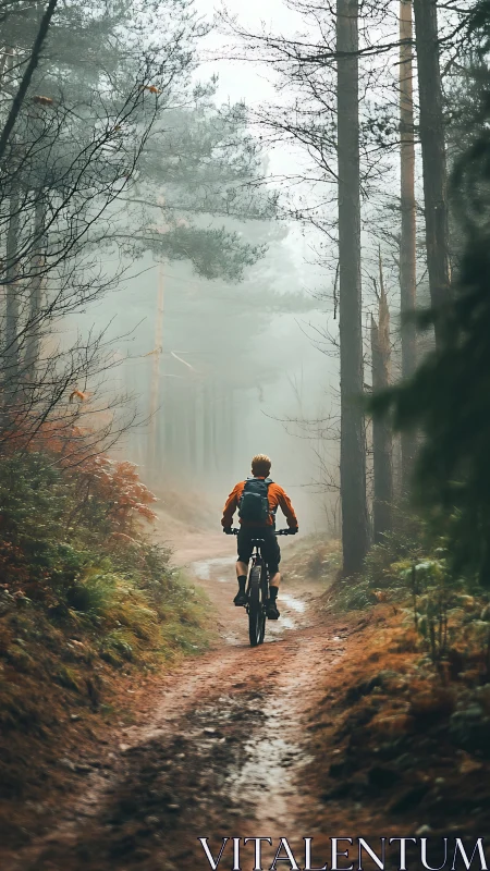 Mountain Biker Navigating Misty Forest Trail with Autumn Leaf Coverage