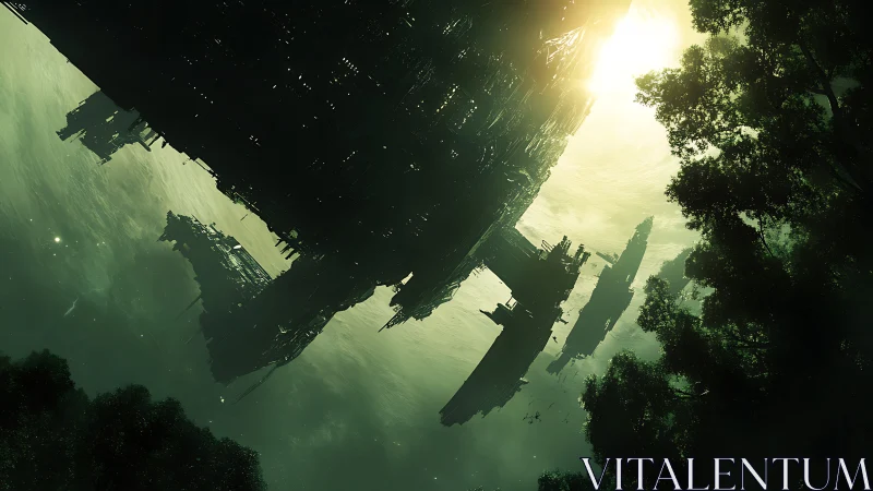 Massive orbital structure hovers above forested landscape