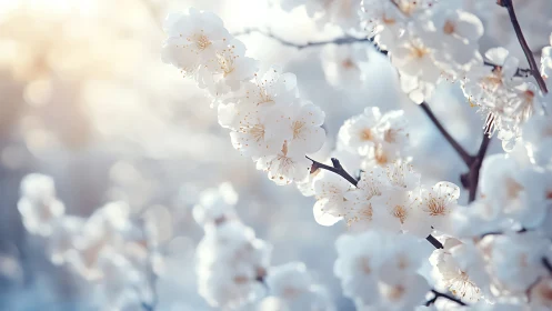White Blossoms on Branch with Golden Stamens.