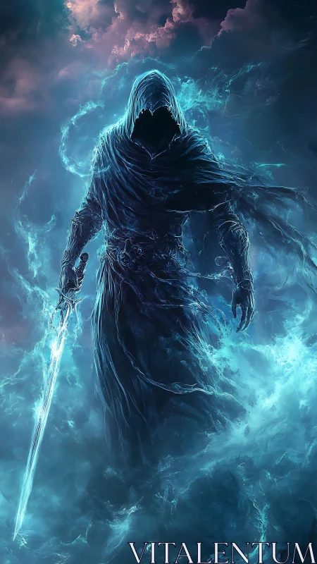 Hooded spectral warrior with glowing sword in misty void.