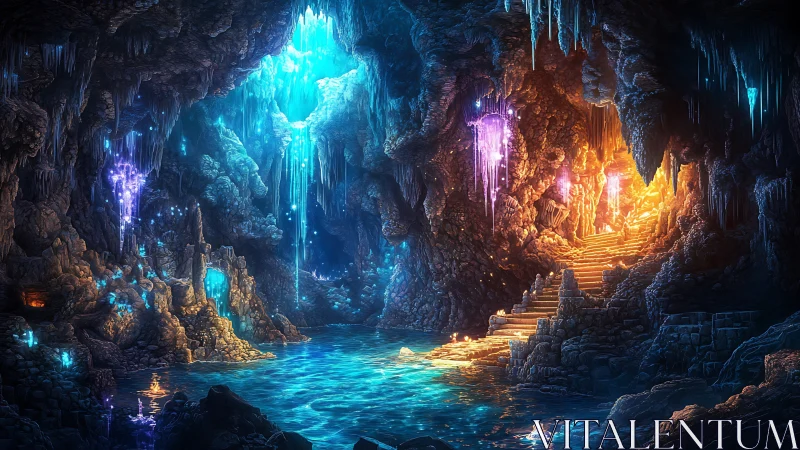 Glowing crystal cavern with luminous pool and stone steps.