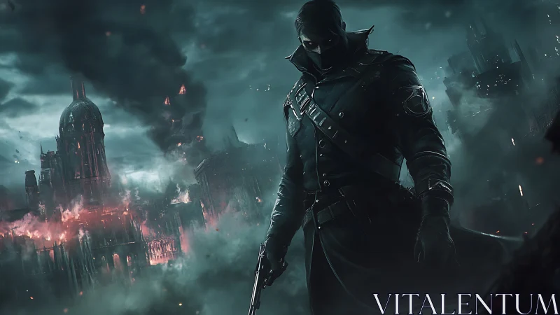 Masked soldier in burning dystopian cityscape at night.